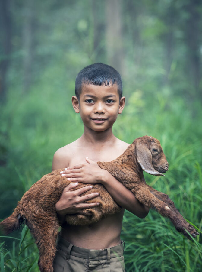 a young boy is holding a baby goat in a wooded area.